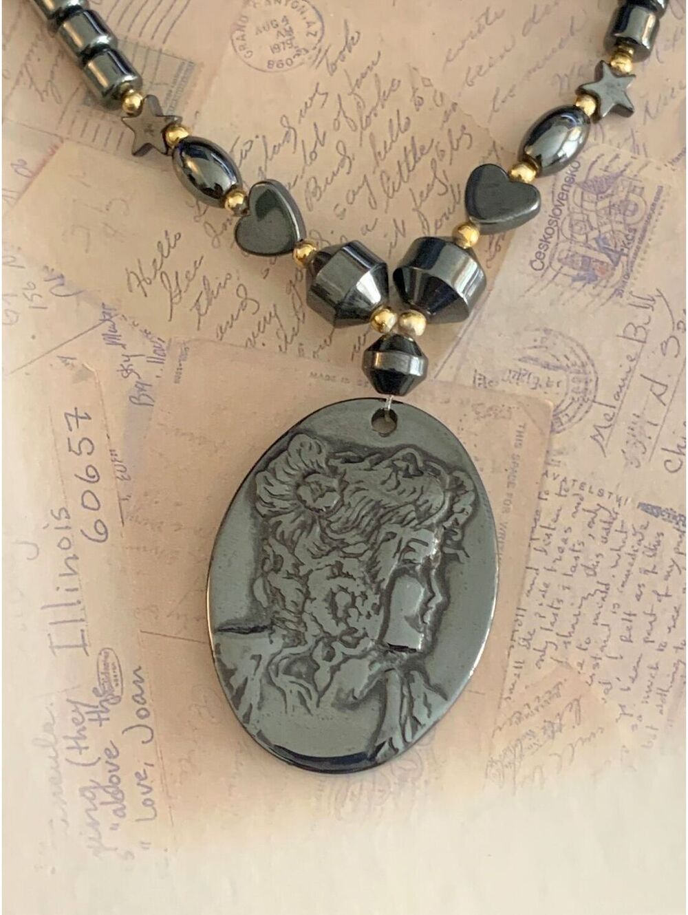 Vintage Gothic Victorian Revival Carved Hematite Figural Cameo Pendant Necklace